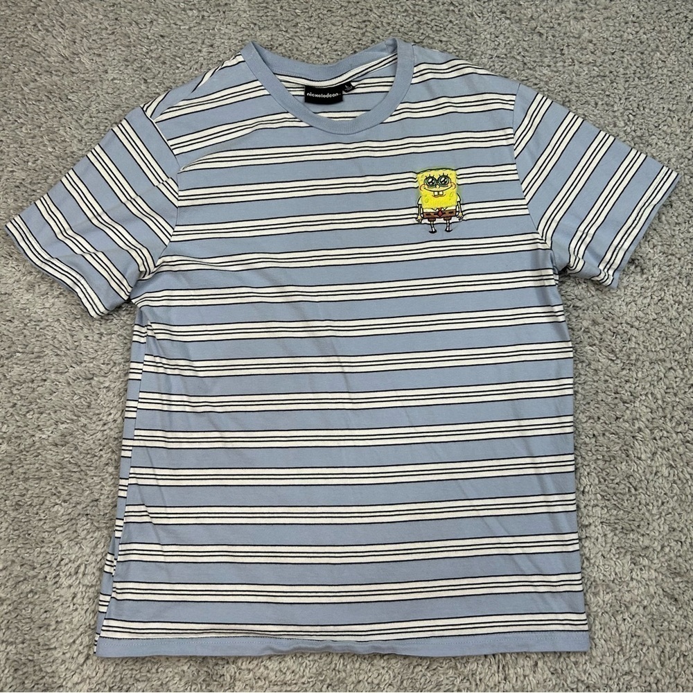 Nickelodeon Shirt Boys Large Spongebob Embroidered Cartoon Classic Stripes Basic
